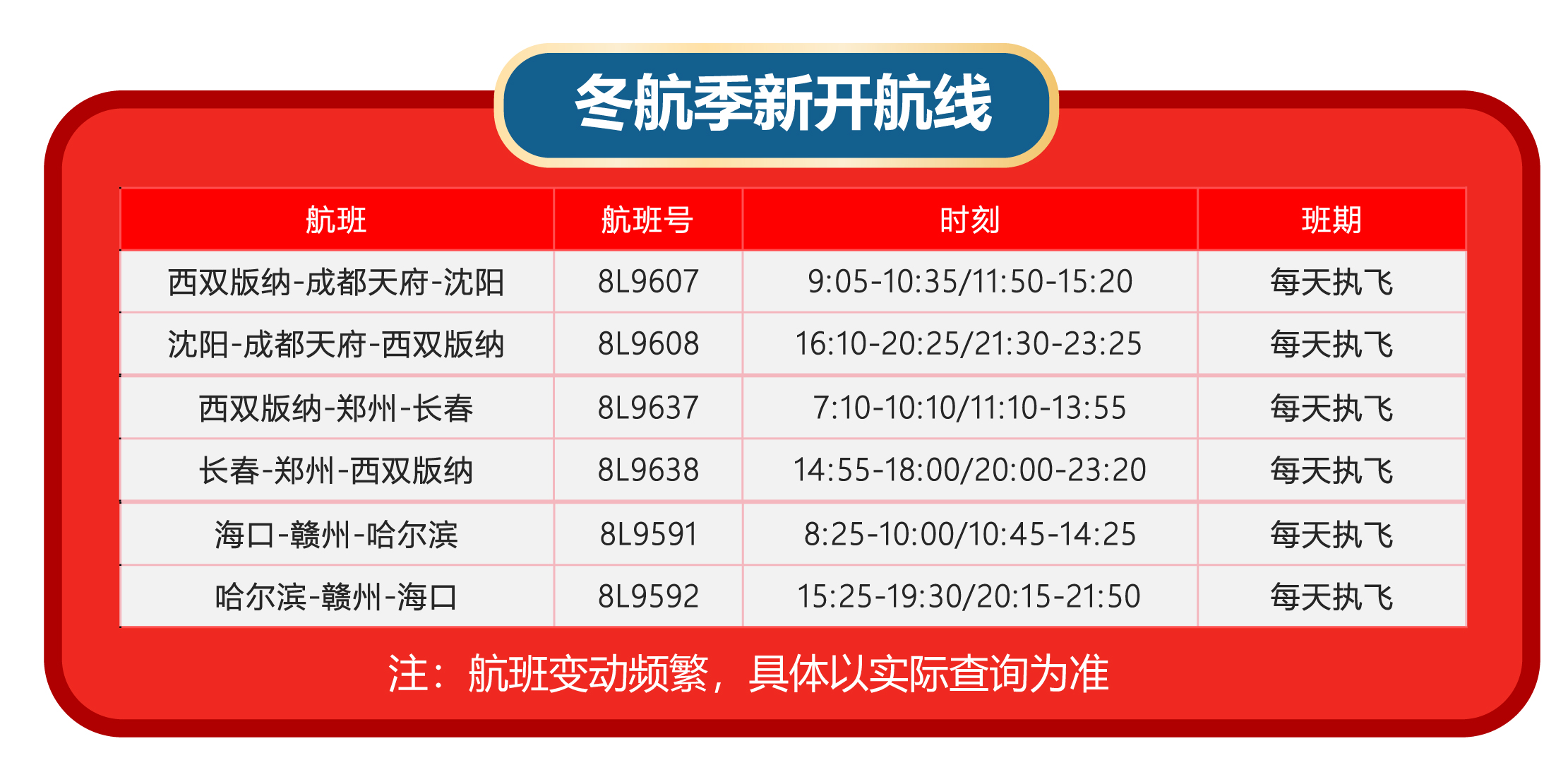 祥鹏航空将新开西双版纳-成都天府-沈阳等3条东北航线