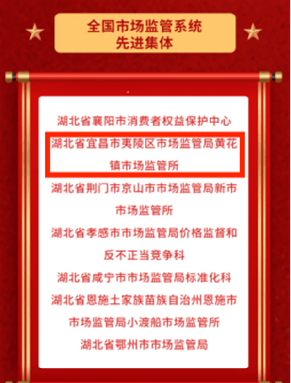 宜昌市夷陵区黄花镇市场监管所荣获“全国市场监管先进集体”称号