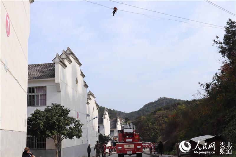 缆线维修工悬空18米被困 湖北十堰消防高空救援