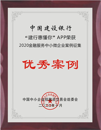 【B】“建行惠懂你”APP获评2020金融服务中小微企业优秀案例