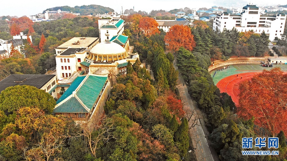 航拍初冬武汉大学 各色树木与校园古建相映成景