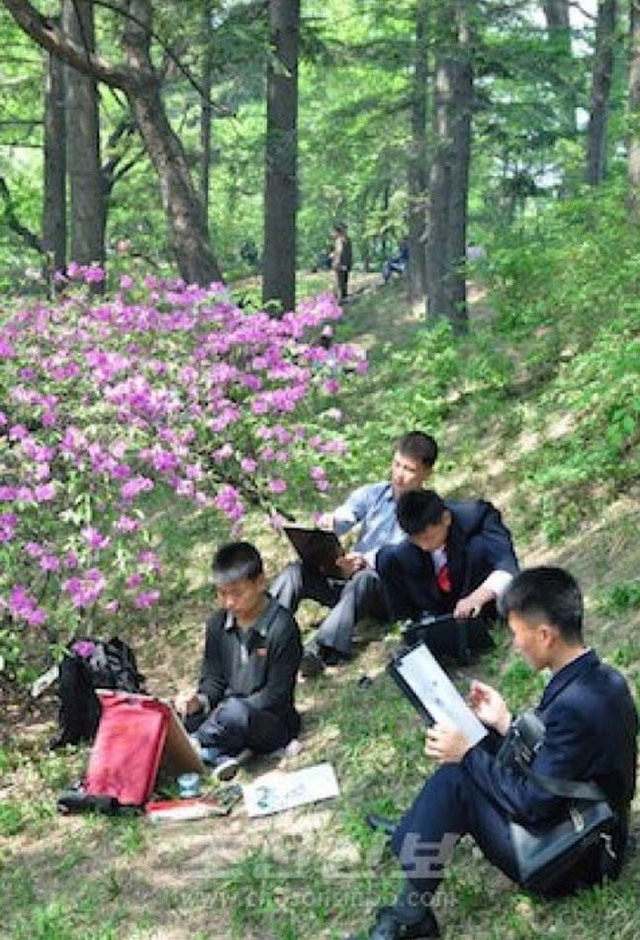 平壤市民踏青跳舞欢度劳动节