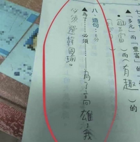 台湾小学生造句挺韩国瑜 亮点超感动