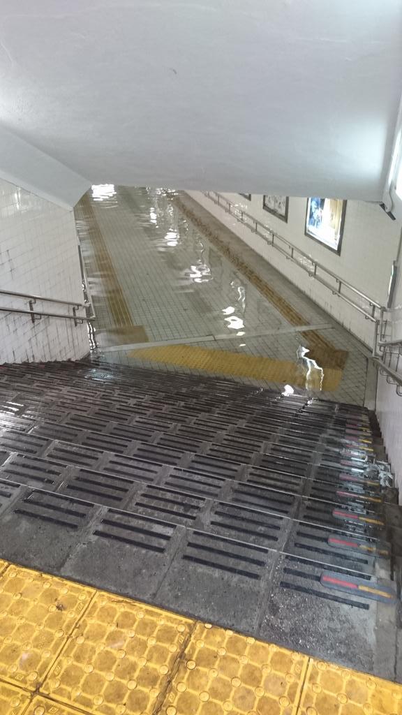 台风“艾涛”登陆日本 雨水倒灌地下通道变游泳池