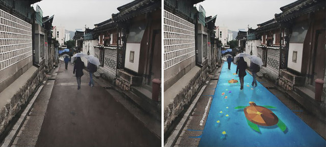 首尔街头现神奇涂鸦 下雨天路面变卡通