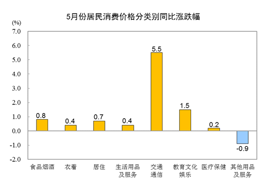 国家统计局：2021年5月份居民消费价格同比上涨1.3% 环比下降0.2%