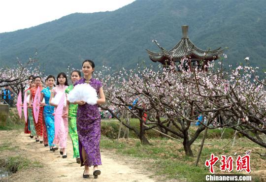 浙江奉化万亩桃花盛妆开 汉服少女寻香觅春踪