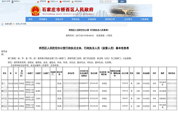 【社会 文字列表】列表标题：石家庄政府官网大面积泄露执法人员隐私信息  文中标题：石家庄政府官网大面积泄露执法人员隐私信息，官方已通知删除