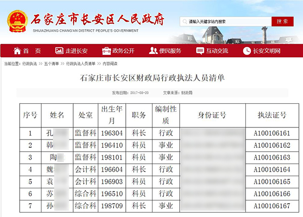 【社会 文字列表】列表标题：石家庄政府官网大面积泄露执法人员隐私信息  文中标题：石家庄政府官网大面积泄露执法人员隐私信息，官方已通知删除