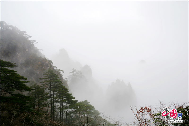 安徽黄山 初冬难留五彩缤纷的秋色