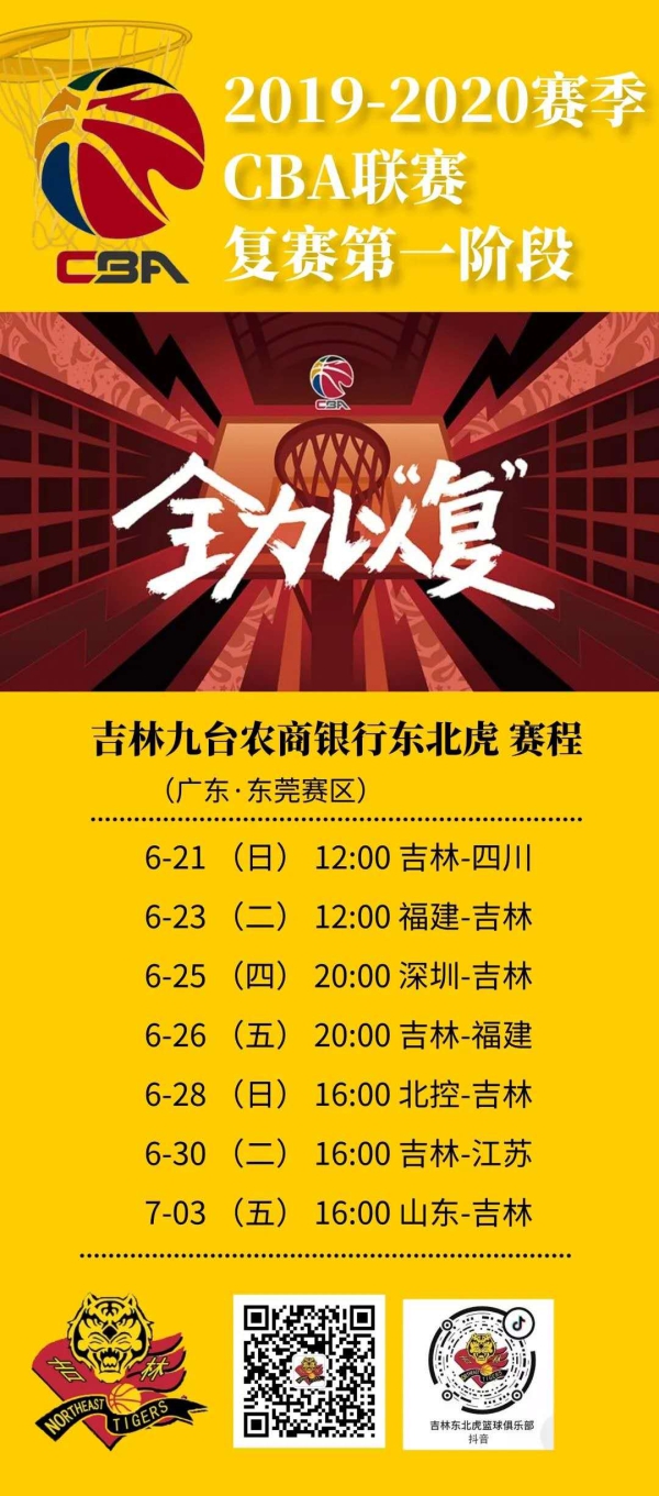 CBA复赛第一阶段赛程确定 吉林东北虎21日12时首战四川