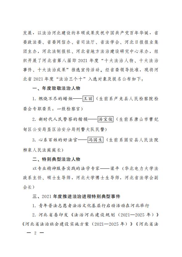 关于印发河北省2021年度“十大法治人物、十大法治事件、十大法治成果”推选结果的通知