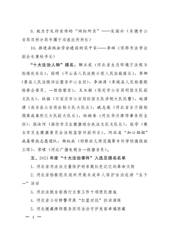 关于印发河北省2021年度“十大法治人物、十大法治事件、十大法治成果”推选结果的通知