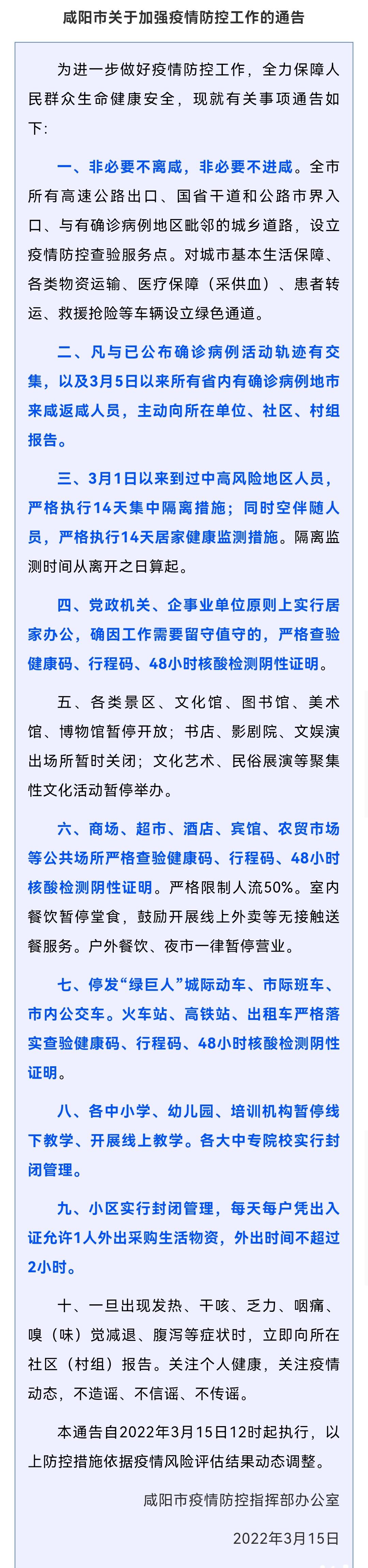 （转载）咸阳加强疫情防控：小区封闭管理 每天每户允许1人外出采购