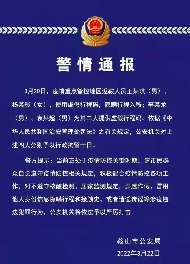 鞍山行拘提供、使用虚假行程码4人_fororder_鞍山警方提供图片