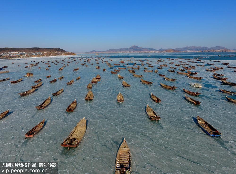 辽宁大连：海冰范围扩大 渔船“冰封”海面