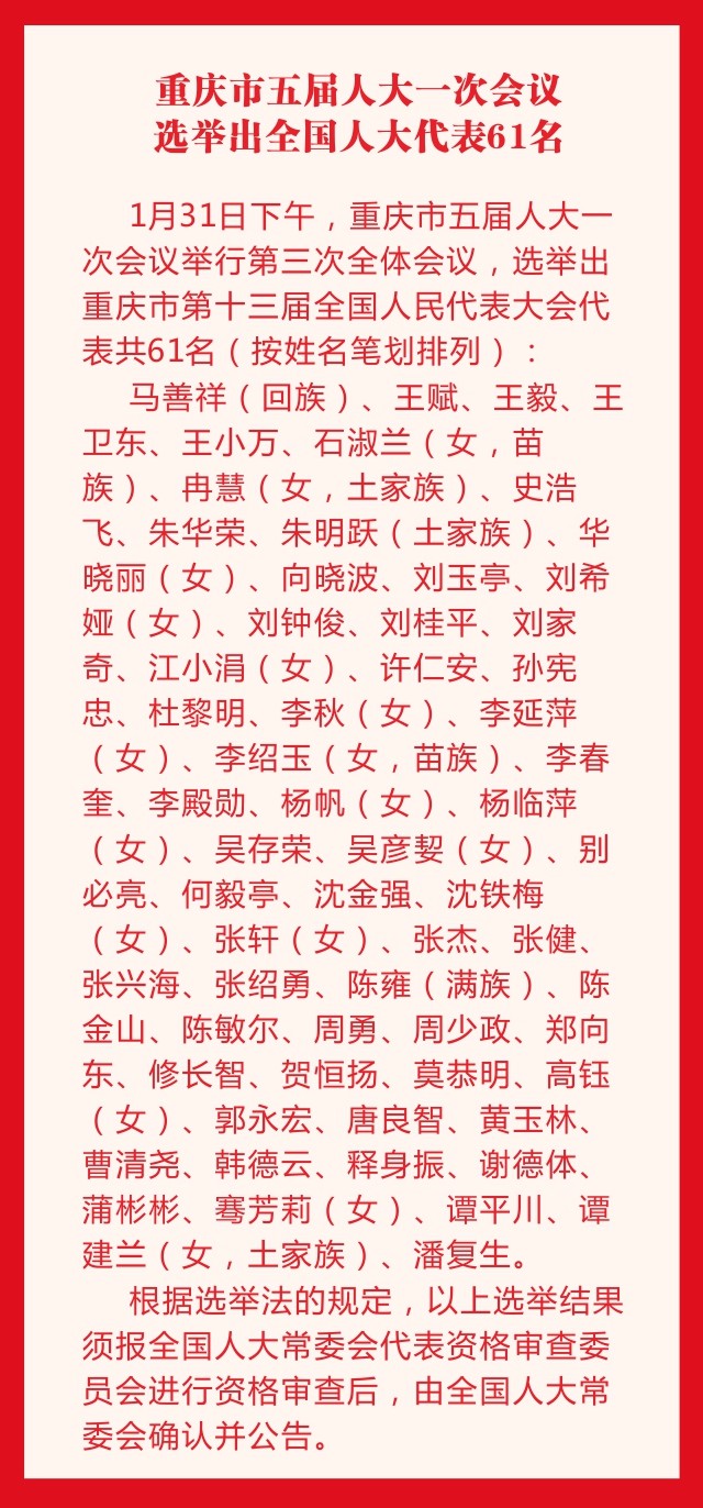 【要闻】市五届人大一次会议选举出全国人大代表61名【内容页标题】重庆市五届人大一次会议选举出全国人大代表61名