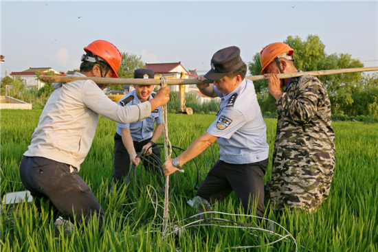 江苏海安：高温“烤”验下的抢修 警察在“汗”卫_fororder_15