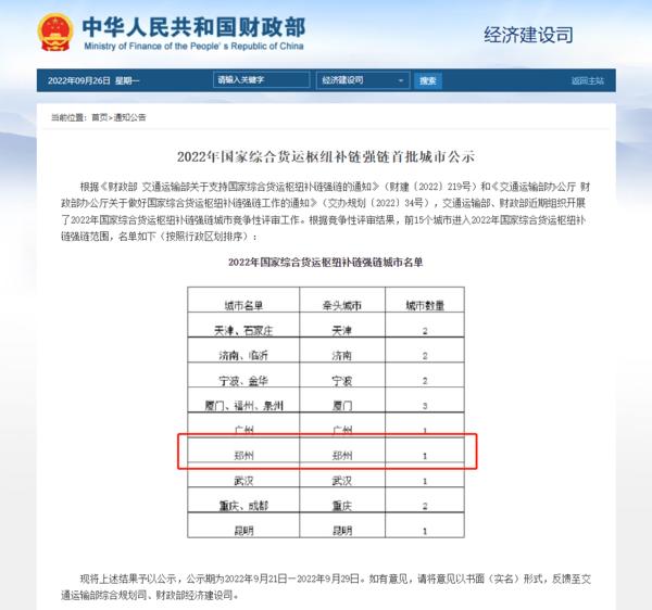 郑州入选！首批15个国家综合货运枢纽补链强链城市公示