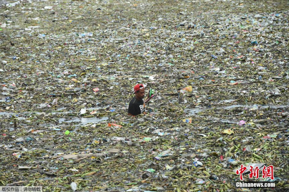 台风妮妲离开菲律宾 海面漂满大量垃圾