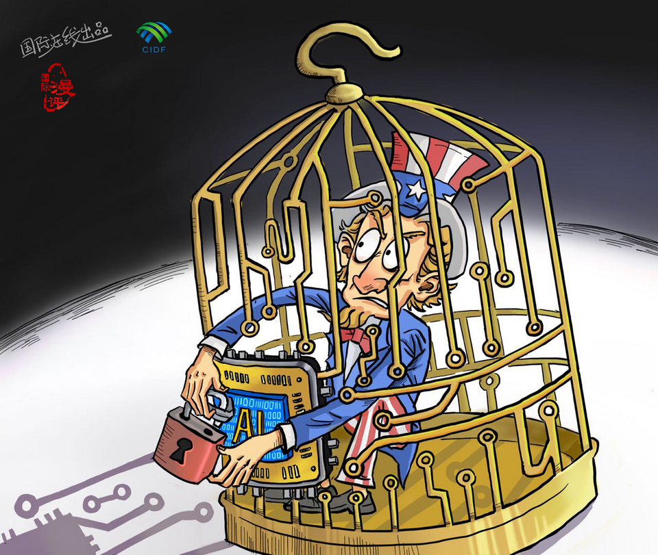 【Editorial Cartoon】New U.S. export controls on semiconductor chips_fororder_换把“芯”锁