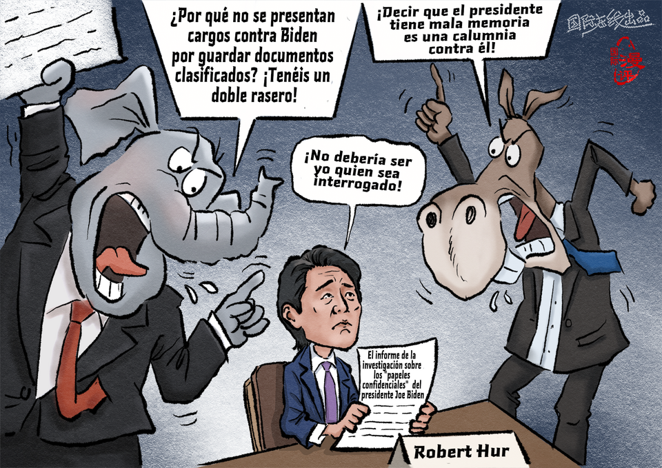 【Caricatura editorial】No debería ser yo quien sea "interrogado"_fororder_接受“拷问”(西)