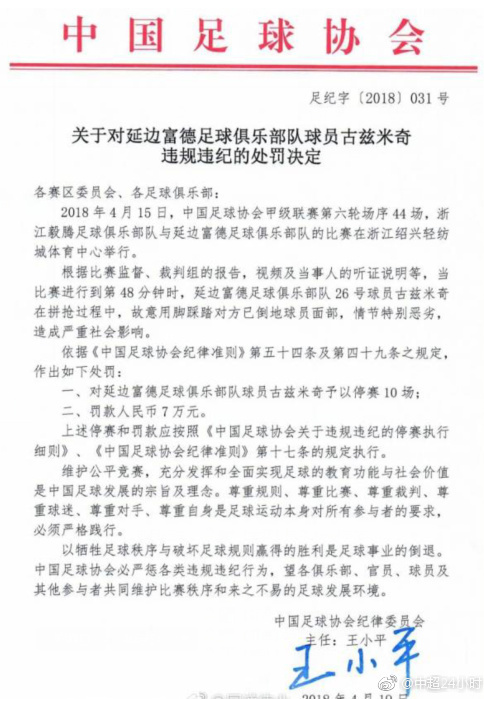 延边外援古兹米奇因故意踩踏被罚停赛10场