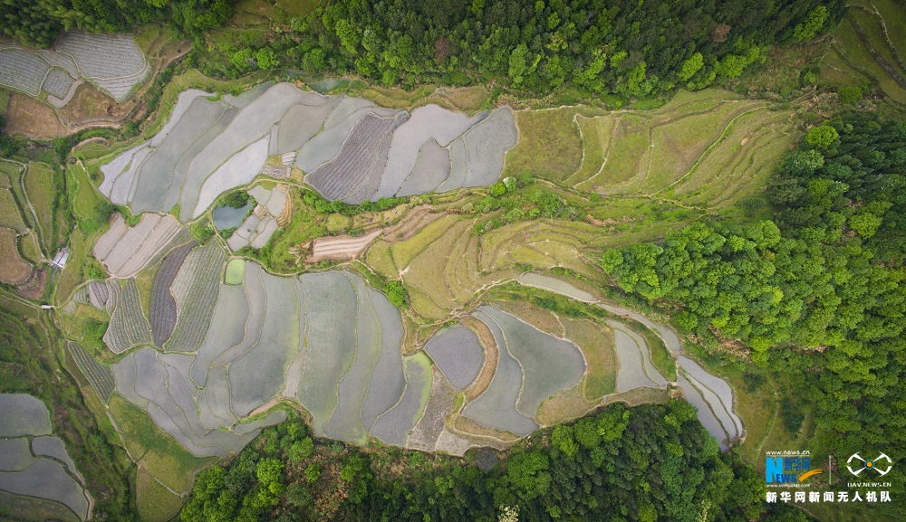 航拍江西广昌多彩梯田耕作忙