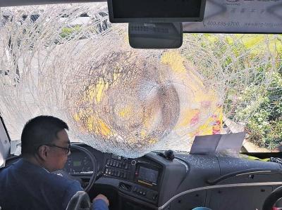 轮胎向旅游大巴砸来 大巴司机忍着伤痛紧急处理