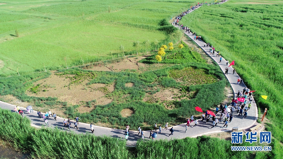 航拍“丝路古城”千人徒步穿越甘肃张掖黑河湿地