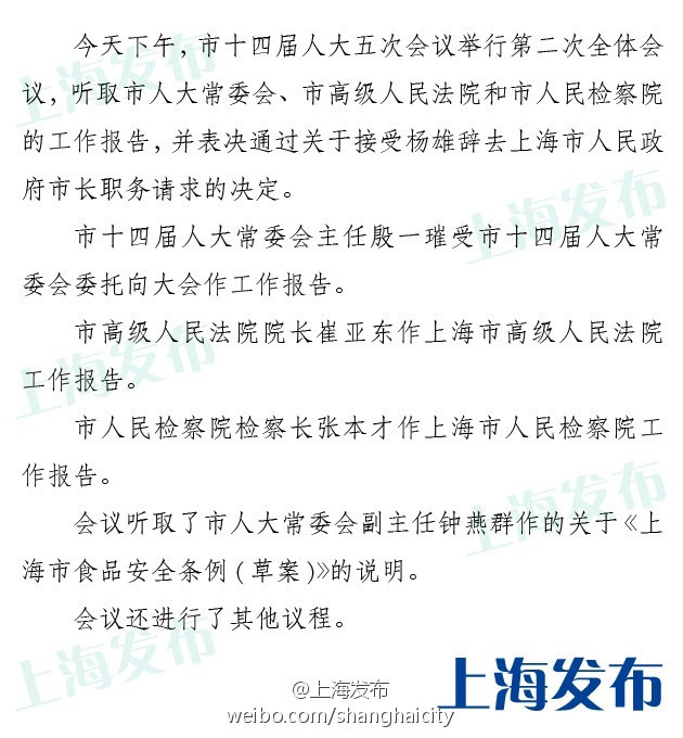 杨雄辞去上海市人民政府市长职务