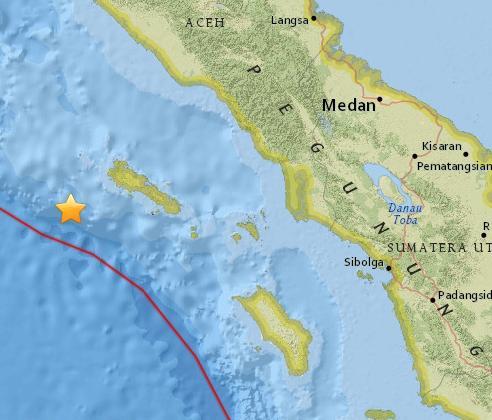 印尼苏门答腊岛西部海域5级地震 震源深25.5公里