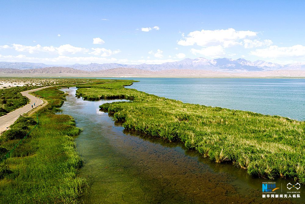 航拍青海可鲁克湖 水草丰美碧波荡漾