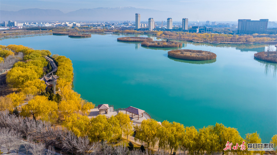 初冬张掖润泉湖 碧水层林映城景