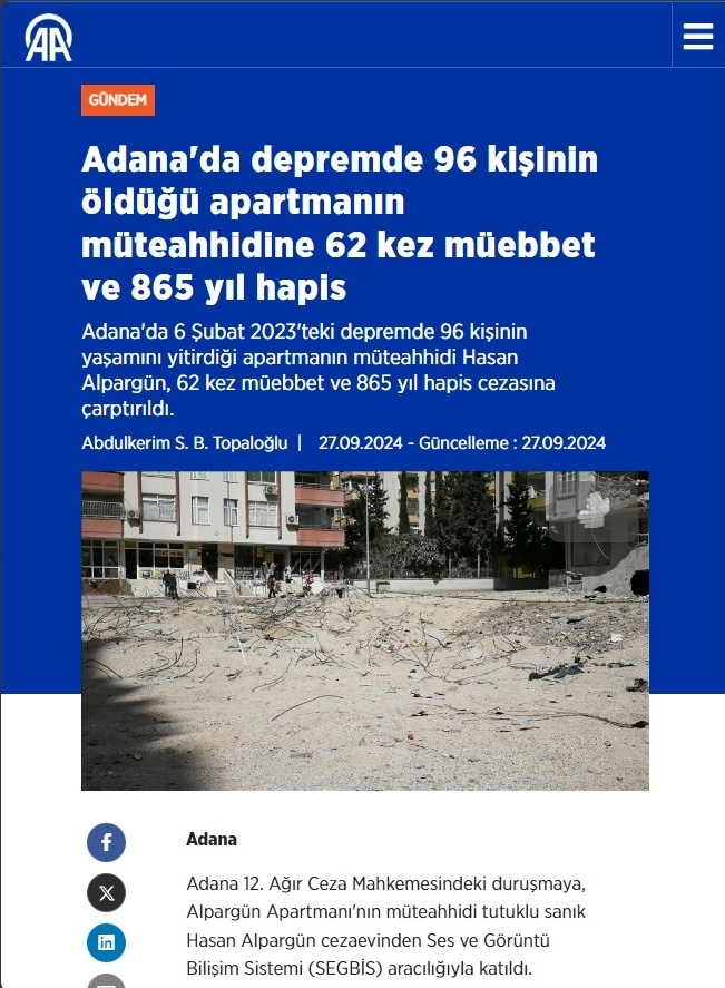 劣质建筑在地震中坍塌造成近百人死亡 土耳其建筑商被法院判处865年监禁