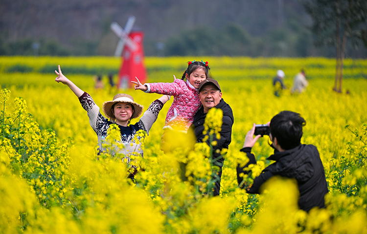 眉山仁寿：油菜花开春意浓_fororder_2025年3月9日，游客在四川省眉山市仁寿县青岗乡盘龙村的油菜花海中游玩拍照。-图1